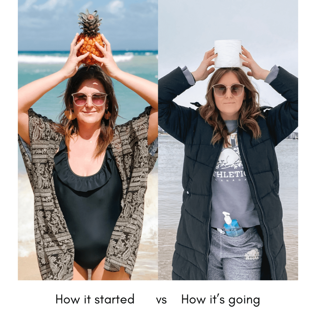 split screen image of a woman on the beach, Jan 2020 vs Dec 2020